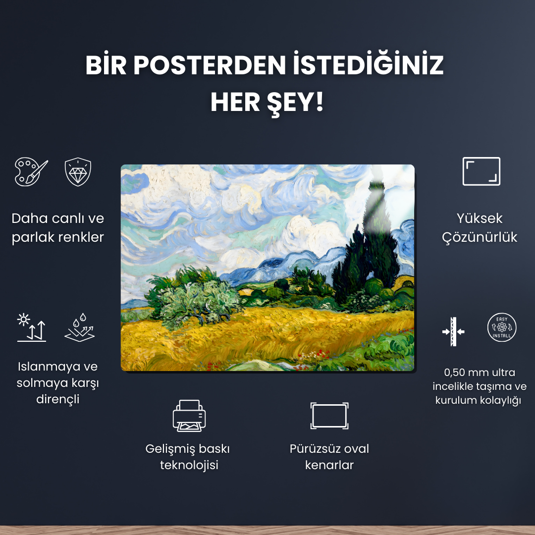 Selvi Ağaçlı Buğday Tarlası (Wheat Field with Cypresses) - Vincent van Gogh - Metal Poster & Tablo