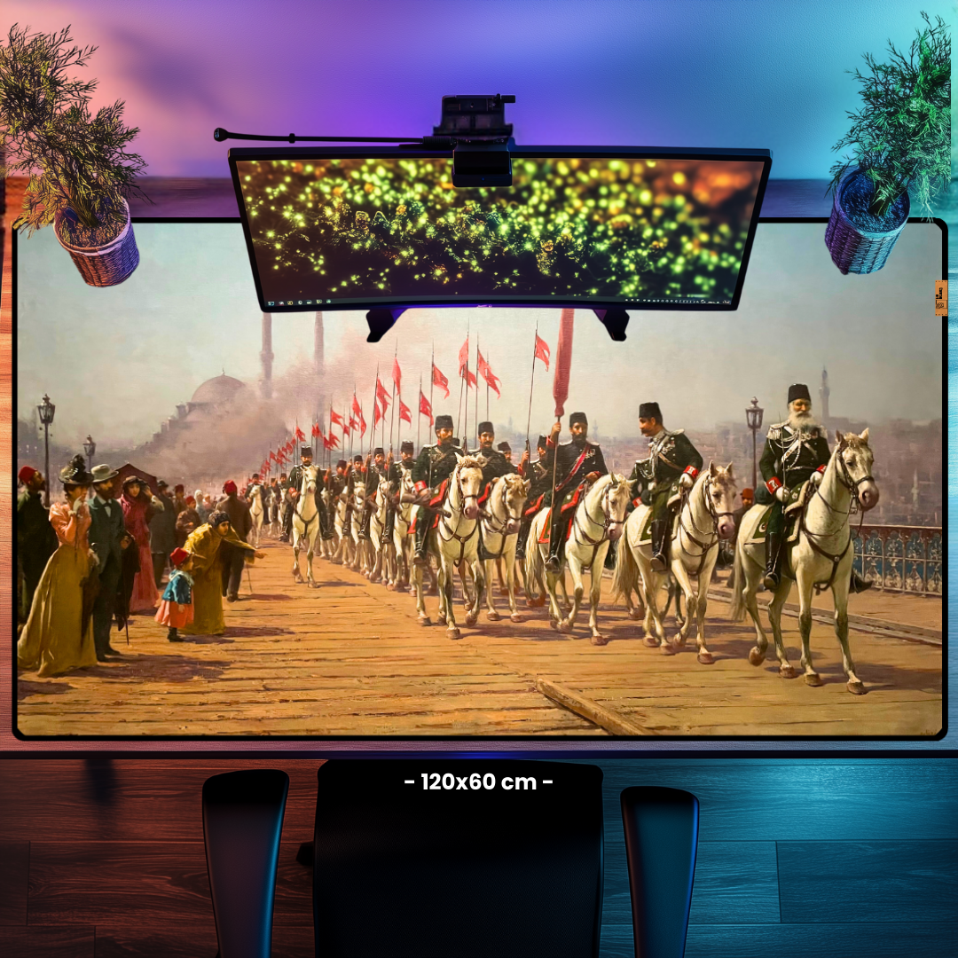 Ertuğrul Süvari Alayı Galata Köprüsü Geçisi (The Ertugrul Cavalry Regiment Crossing The Galata Bridge) - Fausto Zonaro - Mouse Pad & Masa Matı