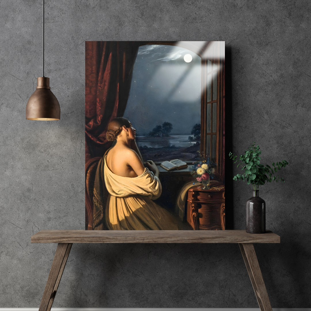 Açık Pencerede Dolunaya Bakan Genç Kadın (Young Woman At The Open Window Looking At The Full Moon) - Johann Peter Hasenclever - Metal Poster & Tablo
