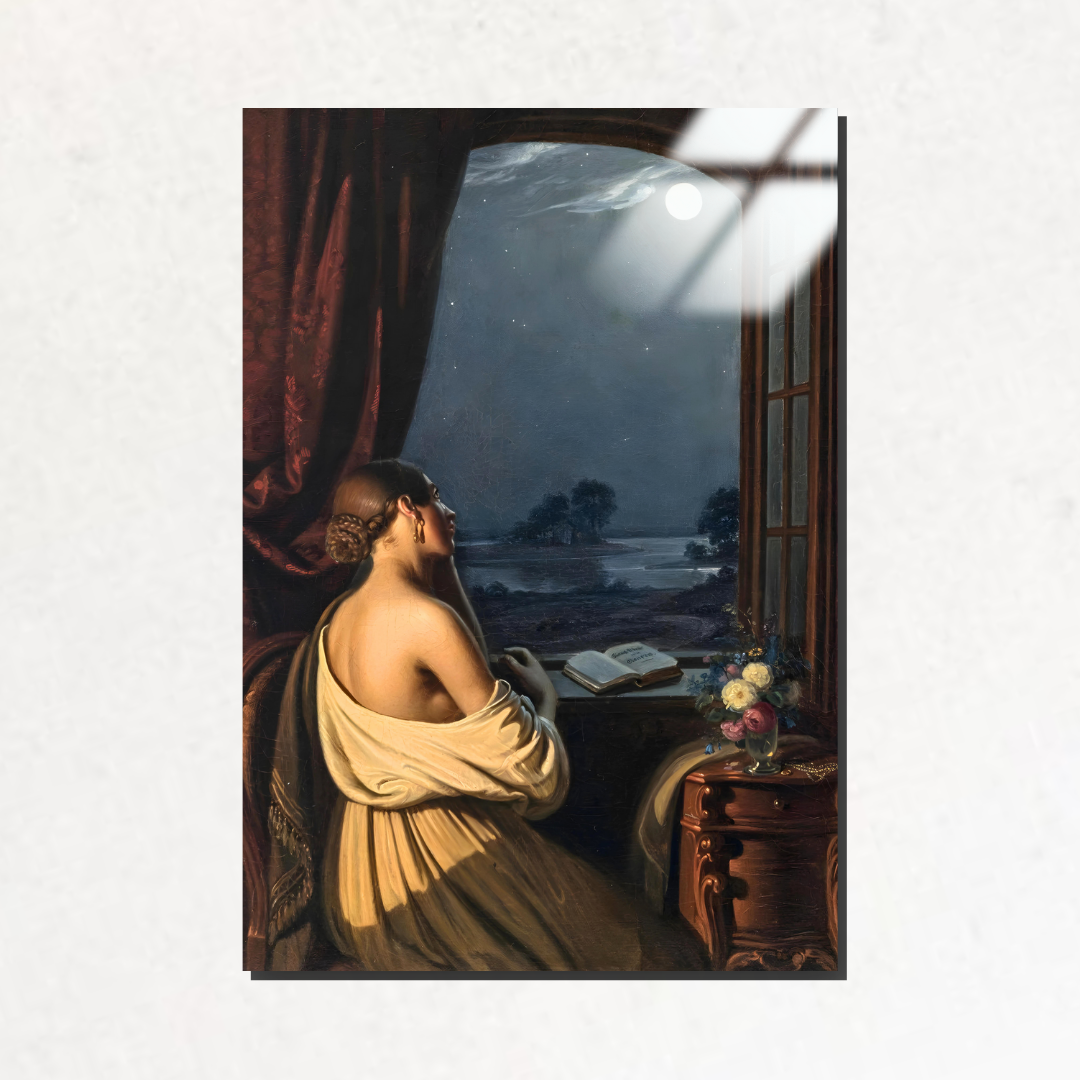 Açık Pencerede Dolunaya Bakan Genç Kadın (Young Woman At The Open Window Looking At The Full Moon) - Johann Peter Hasenclever - Metal Poster & Tablo