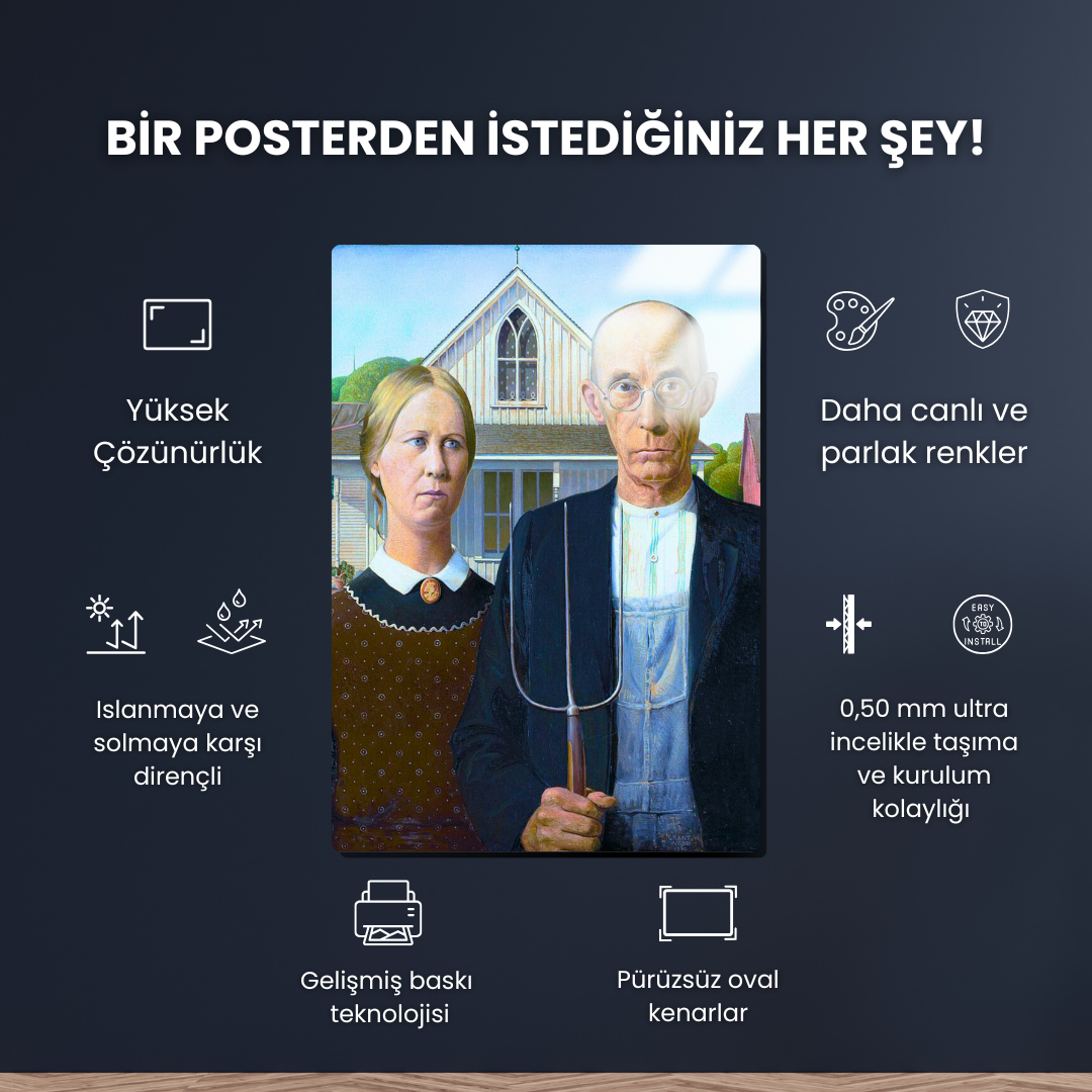 Amerikan Gotiği (American Gothic) - Grant Wood - Metal Poster & Tablo