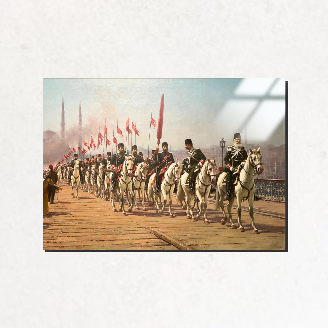 Ertuğrul Süvari Alayı Galata Köprüsü Geçisi (The Ertugrul Cavalry Regiment Crossing The Galata Bridge) - Fausto Zonaro - Metal Poster & Tablo