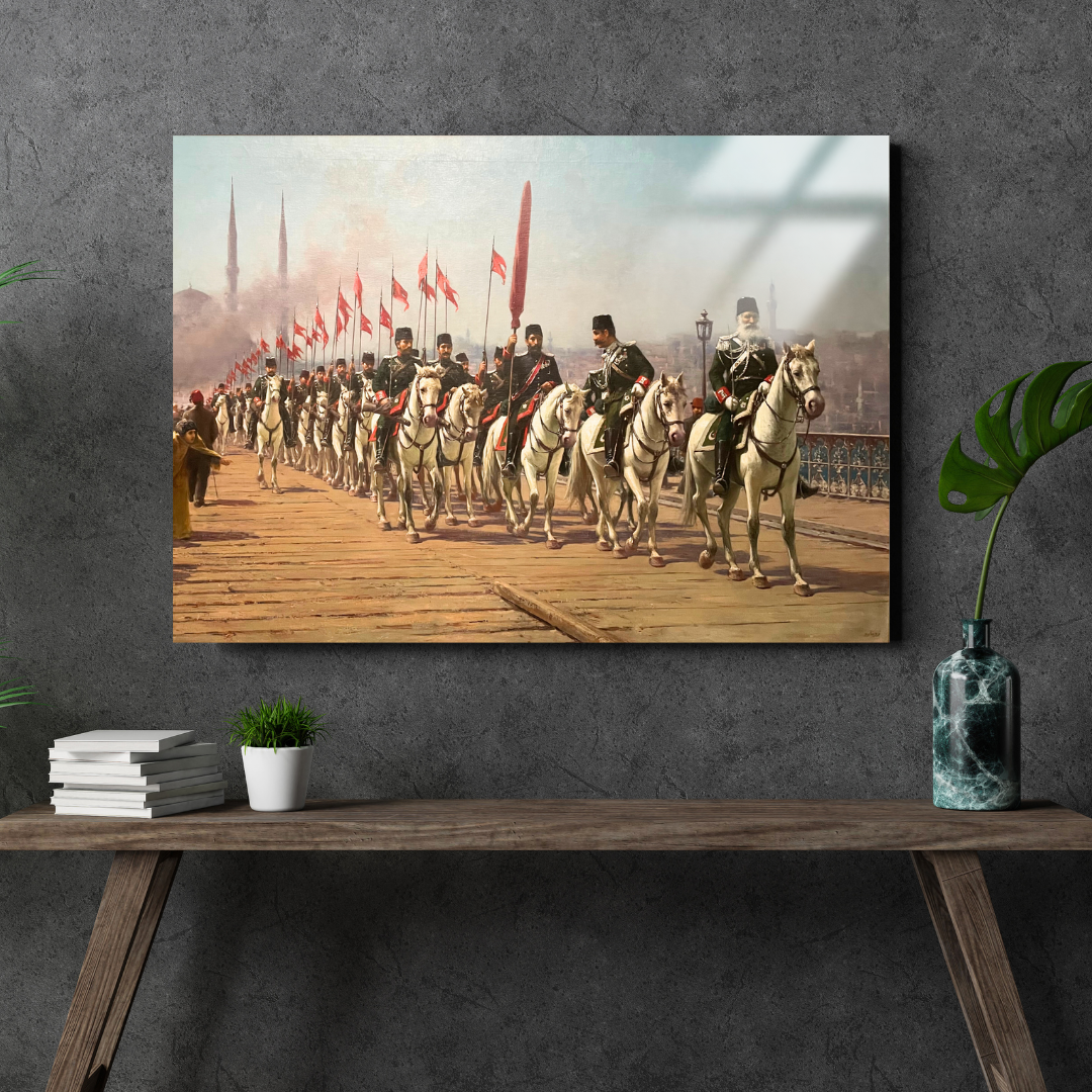 Ertuğrul Süvari Alayı Galata Köprüsü Geçisi (The Ertugrul Cavalry Regiment Crossing The Galata Bridge) - Fausto Zonaro - Metal Poster & Tablo