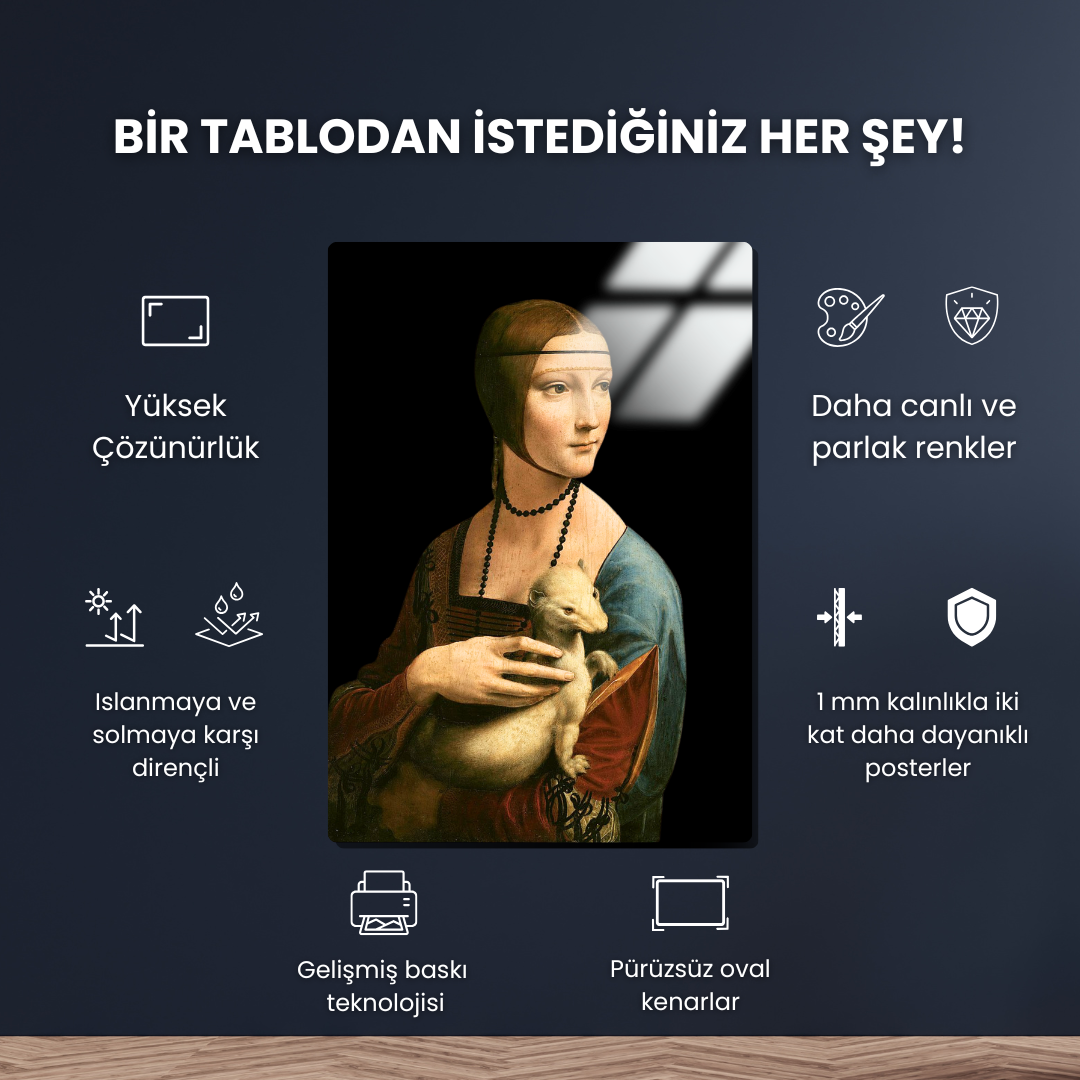 Kakımlı Kadın (Lady with an Ermine) - Leonardo da Vinci - Metal Poster & Tablo