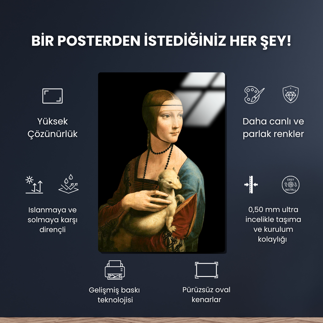 Kakımlı Kadın (Lady with an Ermine) - Leonardo da Vinci - Metal Poster & Tablo