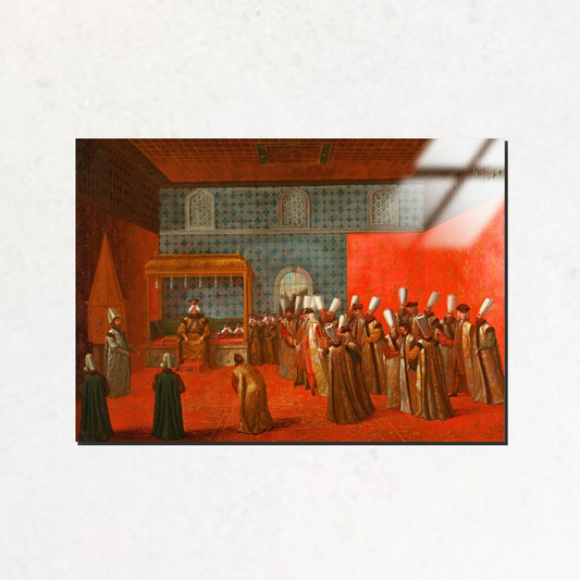 Büyükelçi Cornelis Calkoen, Sultan III. Ahmed'le Görüşmede (Ambassador Cornelis Calkoen at his Audience with Sultan Ahmed III) - Jean Baptiste Vanmour - Metal Poster & Tablo