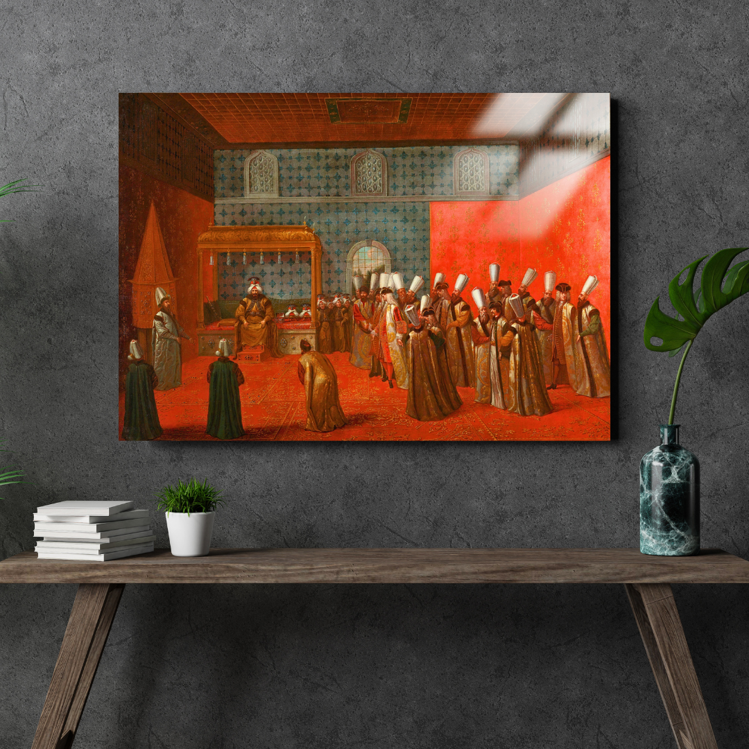 Büyükelçi Cornelis Calkoen, Sultan III. Ahmed'le Görüşmede (Ambassador Cornelis Calkoen at his Audience with Sultan Ahmed III) - Jean Baptiste Vanmour - Metal Poster & Tablo