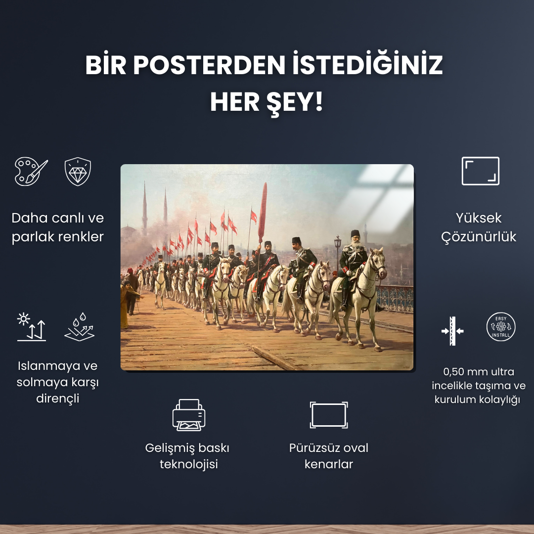 Ertuğrul Süvari Alayı Galata Köprüsü Geçisi (The Ertugrul Cavalry Regiment Crossing The Galata Bridge) - Fausto Zonaro - Metal Poster & Tablo