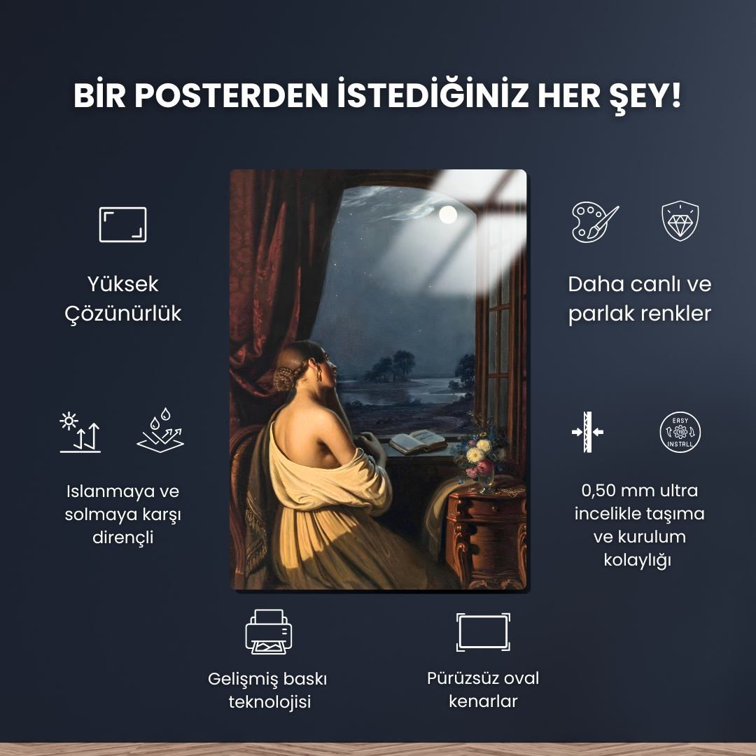 Açık Pencerede Dolunaya Bakan Genç Kadın (Young Woman At The Open Window Looking At The Full Moon) - Johann Peter Hasenclever - Metal Poster & Tablo