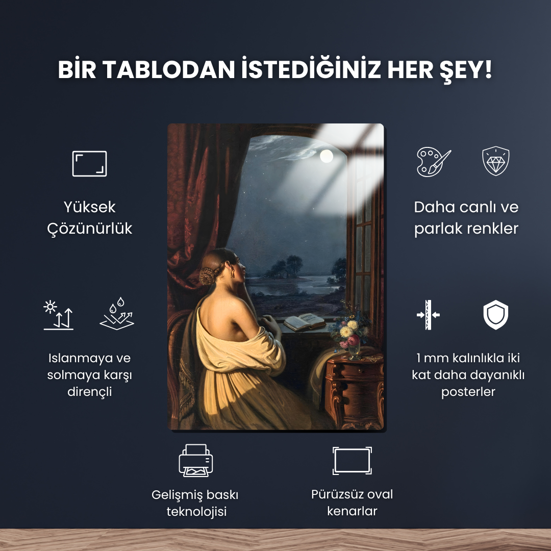 Açık Pencerede Dolunaya Bakan Genç Kadın (Young Woman At The Open Window Looking At The Full Moon) - Johann Peter Hasenclever - Metal Poster & Tablo