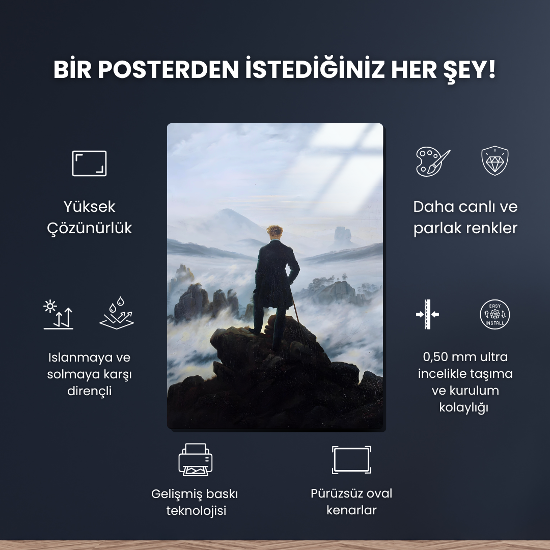 Bulutların Üzerinde Yolculuk (Wanderer above the Sea of Fog) - Caspar David Friedrich - Metal Poster & Tablo